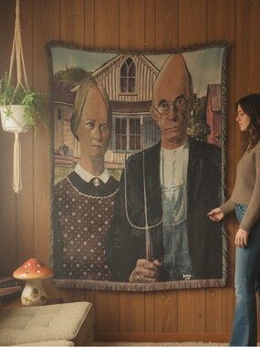 Americone Gothic Woven Blanket - 90s Coneheads Americana Art Mash-Up Throws